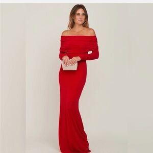 Commence Overfold Off-Shoulder Mesh Long Sleeve Long Dress